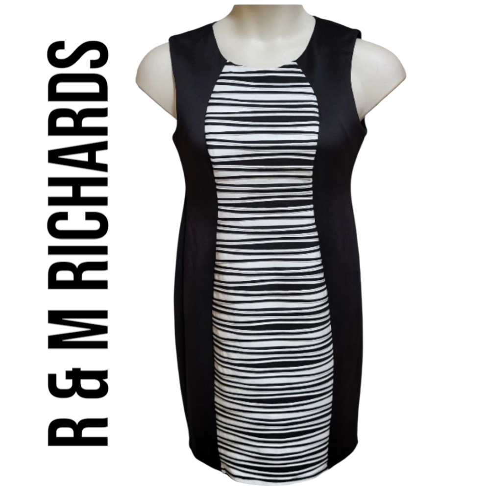 NWT R&M Richards Sheath Dress Women's Black White Striped Career ZipTextured Sz8